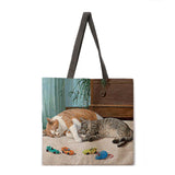 Folding shopping bag oil painting cat lady shoulder bag female leisure handbag outdoor beach bag female tote bag