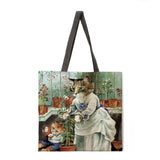 Oil painting and cat ladies shoulder bag beach bag tote bag printing tote bag foldable shopping bag casual linen bag