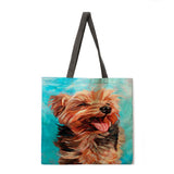 Oil painting dog print tote bag linen fabric casual tote bag foldable shopping bag reusable beach bag lady shoulder bag