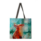 Oil Painting Dog Print Tote Bag Shoulder Bag Linen Fabric Casual Tote Bag Foldable Shopping Bag Reusable Beach Bag