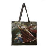 Oil painting and cat ladies shoulder bag beach bag tote bag printing tote bag foldable shopping bag casual linen bag