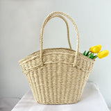 Summer Straw Woven Bag Woven Straw Bag Portable Basket Beach Seaside Vacation Bag Rattan Bag Large Capacity Shopping Bag