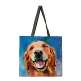 Oil painting dog print tote bag linen fabric casual tote bag foldable shopping bag reusable beach bag lady shoulder bag