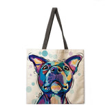 Oil painting dog print tote bag linen fabric casual tote bag foldable shopping bag reusable beach bag lady shoulder bag