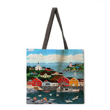 Oil painting construction tote bag shoulder bag linen fabric casual tote bag foldable shopping bag reusable beach bag