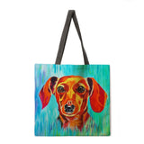 Oil Painting Dog Print Tote Bag Shoulder Bag Linen Fabric Casual Tote Bag Foldable Shopping Bag Reusable Beach Bag