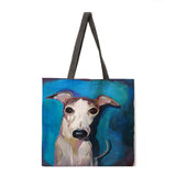 Oil painting dog print tote bag linen fabric casual tote bag foldable shopping bag reusable beach bag lady shoulder bag