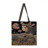 Oil painting forest girl casual tote bag linen bag reusable shopping bag outdoor beach bag casual tote bag