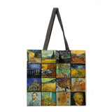 Van Gogh Oil Painting Combination Printing Handbag Linen Fabric Bag Leisure Folding Shopping Bag Outdoor Beach Bag Daily Handbag