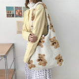 Christmas Gift Women Lamb Like Fabric Shoulder Tote Bag Canvas Fluffy Fur Bear Handbags Large Capacity Soft Shopping Bags Girls Cute School Bag