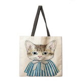 B054 Cartoon cat lady printed tote bag linen shoulder bag tote bag outdoor beach bag reusable shopping bag