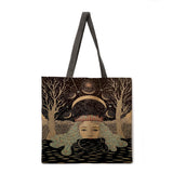 Oil painting forest girl casual tote bag linen bag reusable shopping bag outdoor beach bag casual tote bag