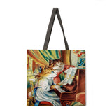 Oil painting and cat ladies shoulder bag beach bag tote bag printing tote bag foldable shopping bag casual linen bag