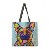 Oil Painting Dog Print Tote Bag Shoulder Bag Linen Fabric Casual Tote Bag Foldable Shopping Bag Reusable Beach Bag