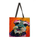 Oil painting dog print tote bag linen fabric casual tote bag foldable shopping bag reusable beach bag lady shoulder bag