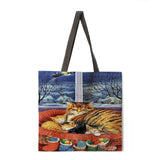 Folding shopping bag oil painting cat lady shoulder bag female leisure handbag outdoor beach bag female tote bag