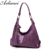 Arliwwi Brand Real Soft Suede Cow Leather Lady Crossbody Tassel Handbags shiny Snake Embossed shoulder Tote Bags For Women GY11