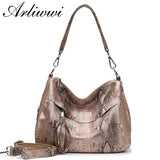 Arliwwi Lady Real Leather Snake Embossed Bags Handbags New Medium Silver Accessory Genuine Cowhide Leather Shoulder Bag GL05