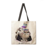 B054 Cartoon cat lady printed tote bag linen shoulder bag tote bag outdoor beach bag reusable shopping bag