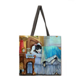 Folding shopping bag oil painting cat lady shoulder bag female leisure handbag outdoor beach bag female tote bag