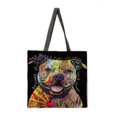 Oil Painting Dog Print Tote Bag Shoulder Bag Linen Fabric Casual Tote Bag Foldable Shopping Bag Reusable Beach Bag