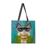 B054 Cartoon cat lady printed tote bag linen shoulder bag tote bag outdoor beach bag reusable shopping bag