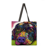 Oil Painting Dog Print Tote Bag Shoulder Bag Linen Fabric Casual Tote Bag Foldable Shopping Bag Reusable Beach Bag