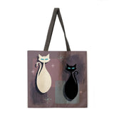 Oil painting line cat tote bag reusable beach bag linen fabric casual tote bag lady one-shoulder foldable shopping bag