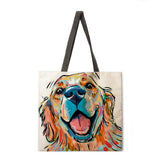 Oil painting dog print tote bag linen fabric casual tote bag foldable shopping bag reusable beach bag lady shoulder bag