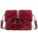 Christmas Gift Winter Sweet Chic Fluffy Bag Women Messenger Bag Red Brown Fur Bow Lolita Bags Female Mini ITA Bag Small Bag Leather Suede