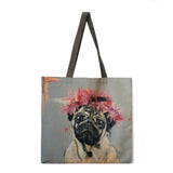 Oil painting dog print tote bag linen fabric casual tote bag foldable shopping bag reusable beach bag lady shoulder bag