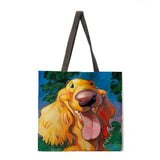 Oil painting dog print tote bag linen fabric casual tote bag foldable shopping bag reusable beach bag lady shoulder bag