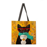 B054 Cartoon cat lady printed tote bag linen shoulder bag tote bag outdoor beach bag reusable shopping bag