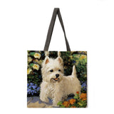 Oil painting dog print tote bag linen fabric casual tote bag foldable shopping bag reusable beach bag lady shoulder bag