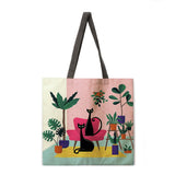 Oil painting line cat tote bag reusable beach bag linen fabric casual tote bag lady one-shoulder foldable shopping bag