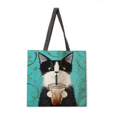 B054 Cartoon cat lady printed tote bag linen shoulder bag tote bag outdoor beach bag reusable shopping bag