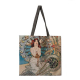 Muxia oil painting linen shopping bag reusable handbag women's shoulder cloth bag foldable linen bag beach tote bag