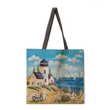 Oil painting construction tote bag shoulder bag linen fabric casual tote bag foldable shopping bag reusable beach bag