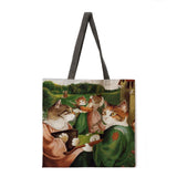 Oil painting and cat ladies shoulder bag beach bag tote bag printing tote bag foldable shopping bag casual linen bag