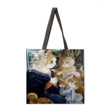 Oil painting and cat ladies shoulder bag beach bag tote bag printing tote bag foldable shopping bag casual linen bag