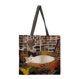 Folding shopping bag oil painting cat lady shoulder bag female leisure handbag outdoor beach bag female tote bag