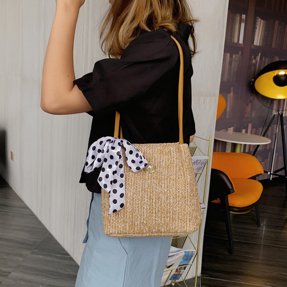 Mini Pearl Handle Bucket Woven Bag With Ribbon Bow For Women