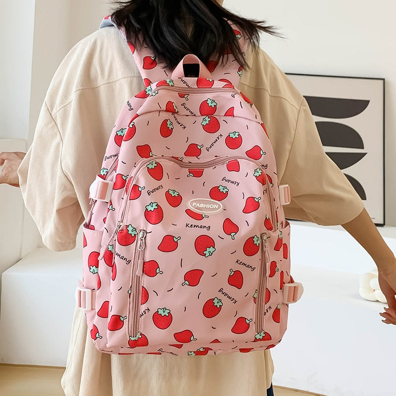 Simple Cute Style Canvas Backpack Women Strawberry Printing Nylon Bag  Laptop School Bag For Girls