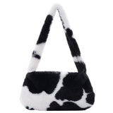 Vvsha Fashion Women Cow Print Mini Shoulder Bags Female Winter Plush Underarm Bags Leopard Zebra Pattern Fluffy Tote Bags Small Purses