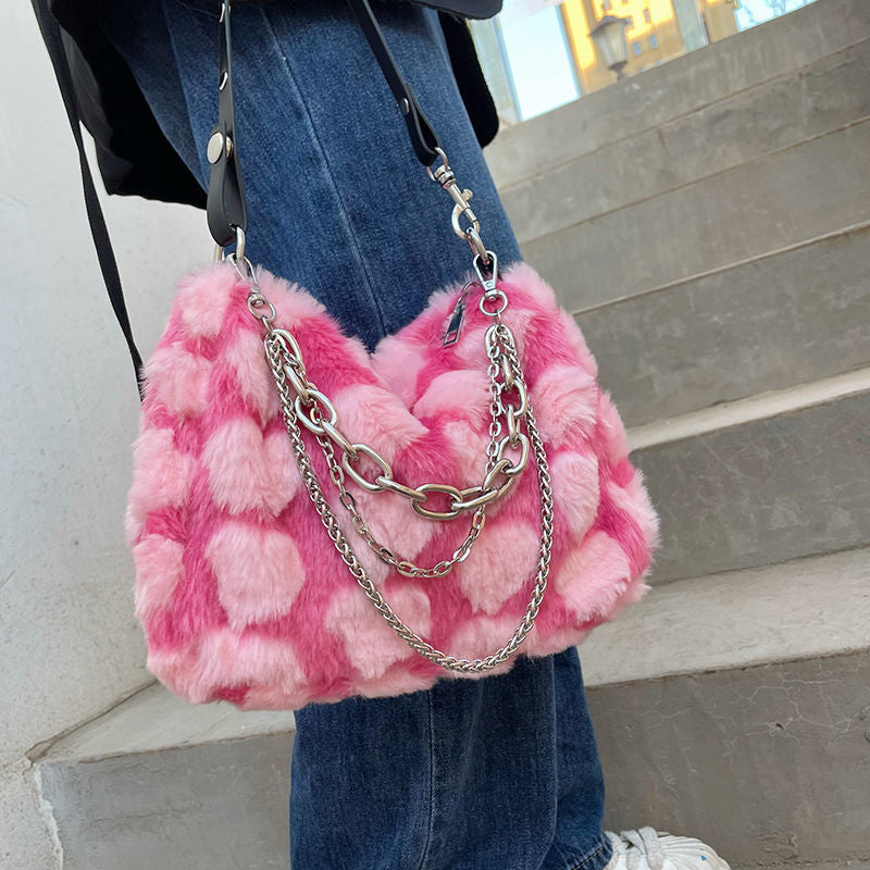 Casual Style New Arrival Plush Checkered Fluffy Tote Bag Y2K Plush